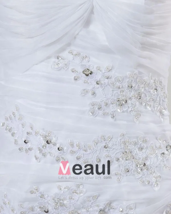Satijn Organza Strapless Kralen Applique Ruches Zeemeermin Bruidsjurken Trouwjurken