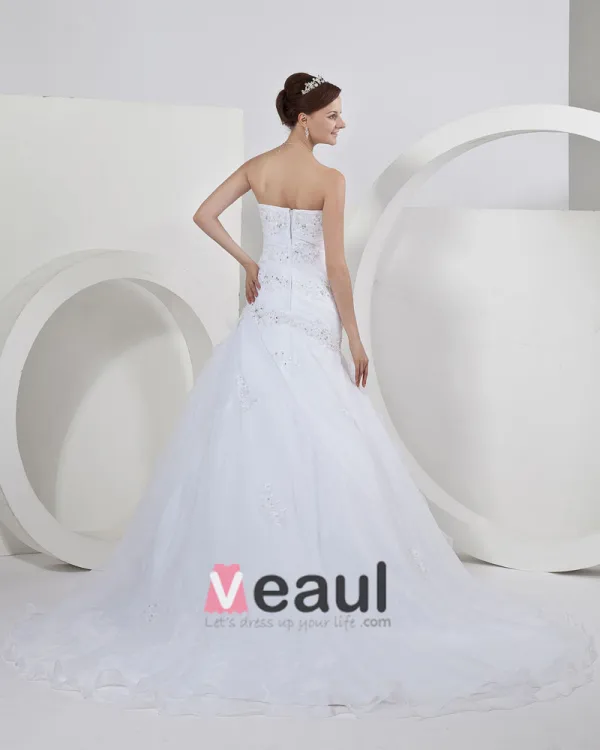 Satijn Organza Strapless Kralen Applique Ruches Zeemeermin Bruidsjurken Trouwjurken