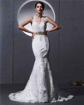 Licou Sans Manches Bouton Ceinture Applique Etage Longueur Dentelle Charmeuse Femme Robe De Mariée Sirène