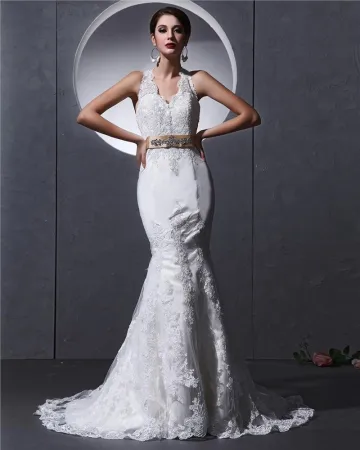 Halter Mouwloze Knop Sjerp Applique Vloer Lengte Kant Charmeuse Vrouw Zeemeermin Bruidsjurken Trouwjurken