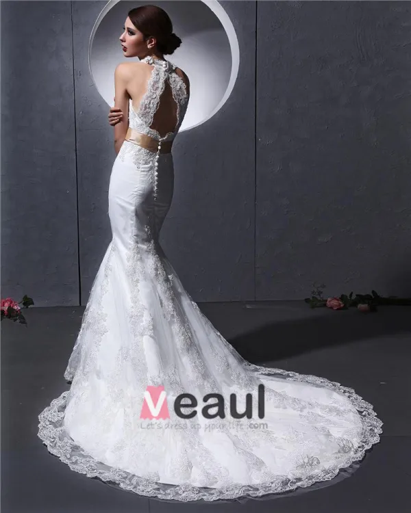 Licou Sans Manches Bouton Ceinture Applique Etage Longueur Dentelle Charmeuse Femme Robe De Mariée Sirène