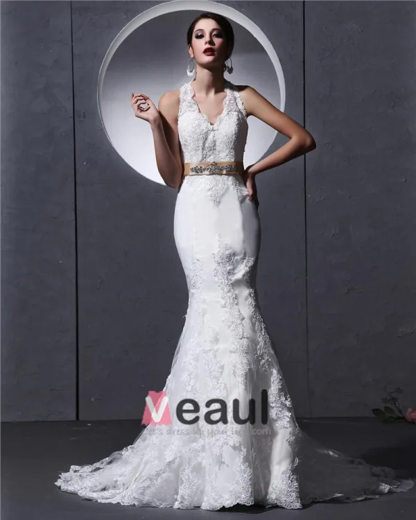 Licou Sans Manches Bouton Ceinture Applique Etage Longueur Dentelle Charmeuse Femme Robe De Mariée Sirène