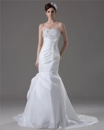 Elegante Kralen Ruches Strapless Vloerlengte Rechter Trein Taft Zeemeermin Bruidsjurken Trouwjurken