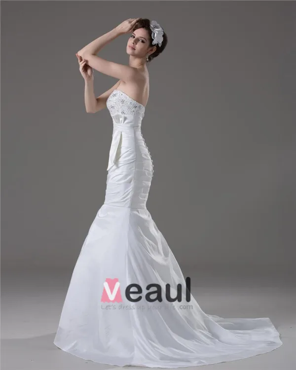Elegant Beading Ruffles Strapless Floor Length Court Train Taffeta Mermaid Wedding Dress