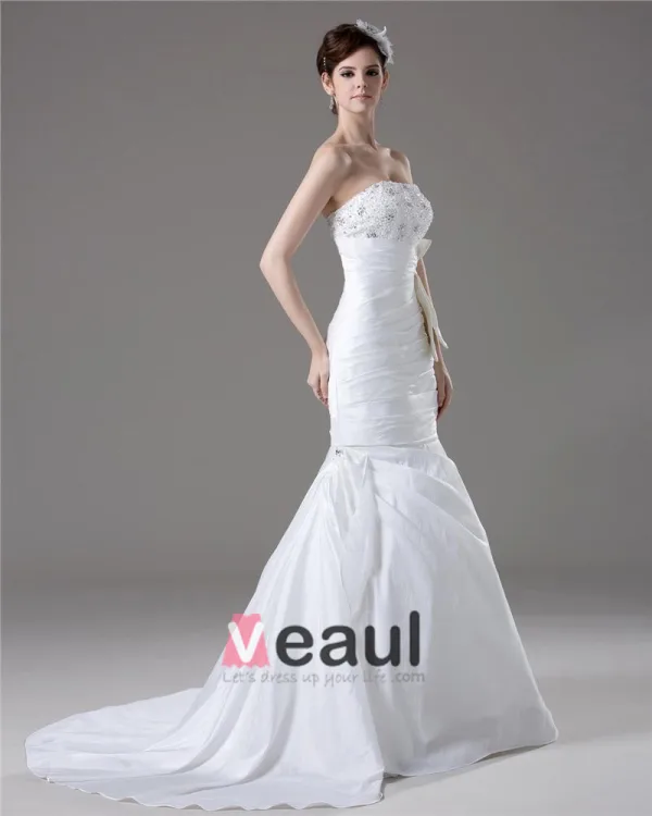 Elegant Beading Ruffles Strapless Floor Length Court Train Taffeta Mermaid Wedding Dress