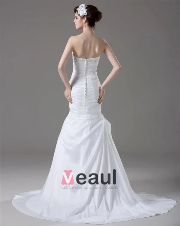 Elegant Beading Ruffles Strapless Floor Length Court Train Taffeta Mermaid Wedding Dress