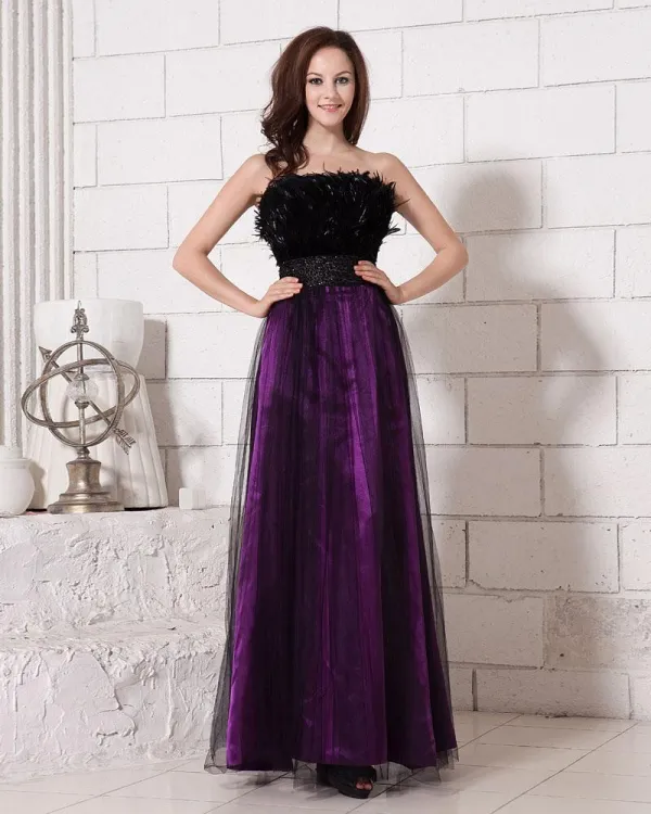 Stylish Ankle Length Strapless Waistband Feathers Satin Organza Prom Dresses