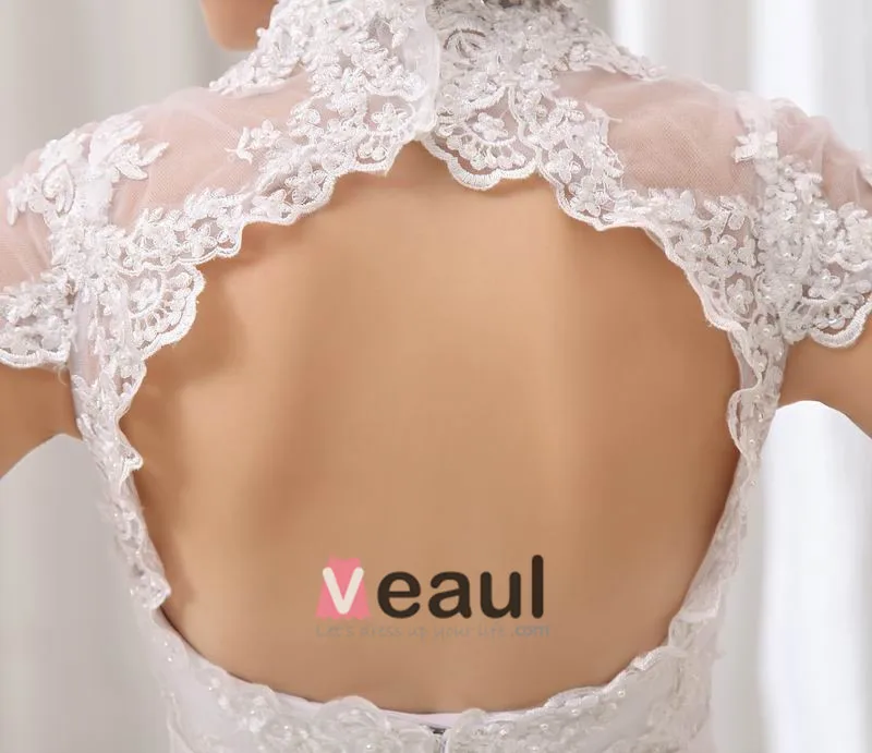 Beautiful Mandarin Collar Chapel Train Lace Sheath Wedding Dress