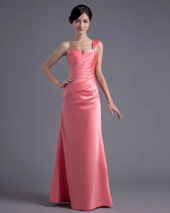 Fashion Satin Pleated One Shoulder Floor Length Bridesmaid Dress