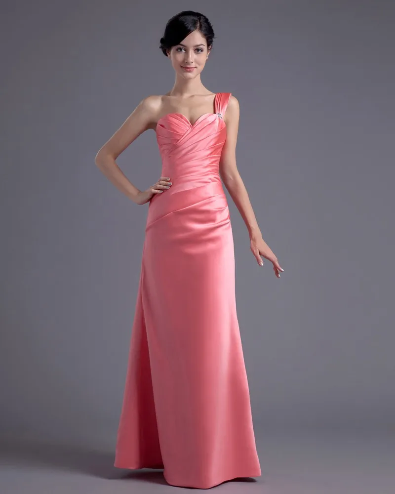 Mote Satin Plissert En Skulder Gulv Lengde Brudepikekjoler