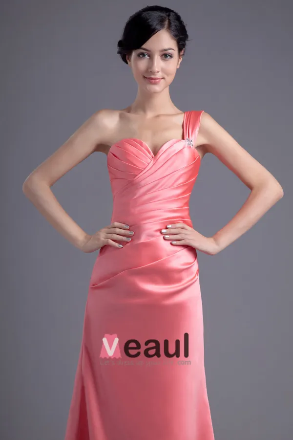Satin Plisse Une Epaule Etage Robe De Demoiselle D'honneur De Longueur De Mode