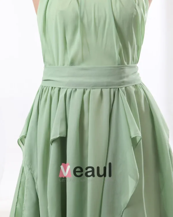 Mousseline De Soie Longueur Solide Ronde Robe De Demoiselle D'honneur De Cou De Genou