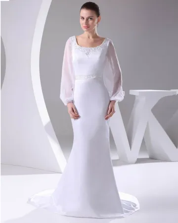 Elegante Satin Chiffon Sicke Lacework Quadratischen Ausschnitt Bodenlangen Frauen Hochzeitskleid