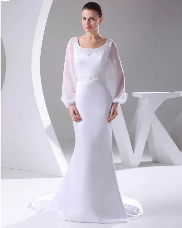 Elegant Satin Chiffon Lacework Beading Square Neck Floor Length Women Wedding Dress