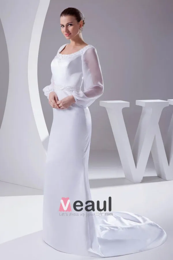 Elegant Satin Chiffon Lacework Beading Square Neck Floor Length Women Wedding Dress