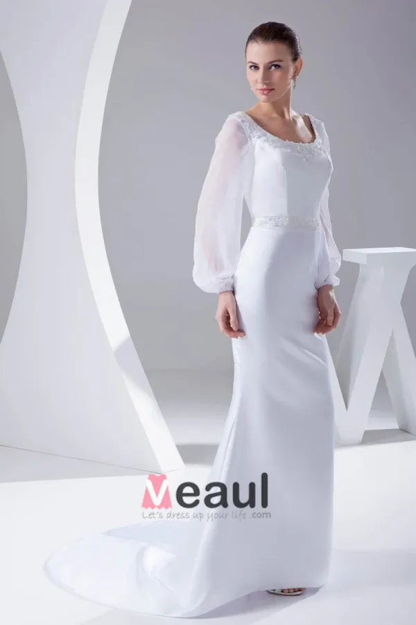 Elegant Satin Chiffon Lacework Beading Square Neck Floor Length Women Wedding Dress