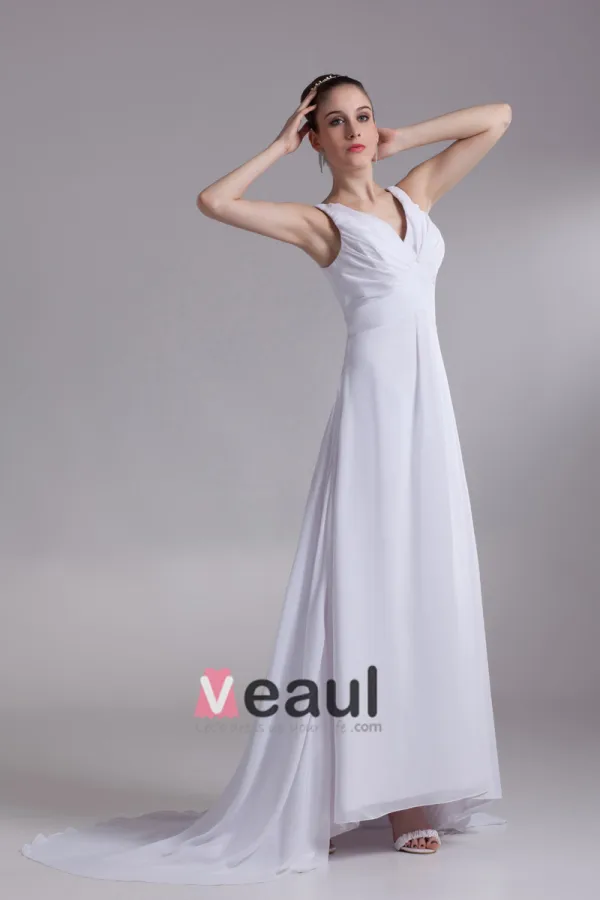 V Hals Geplooid Vloer Lengte Chiffon Empire Bruidsjurken Trouwjurken