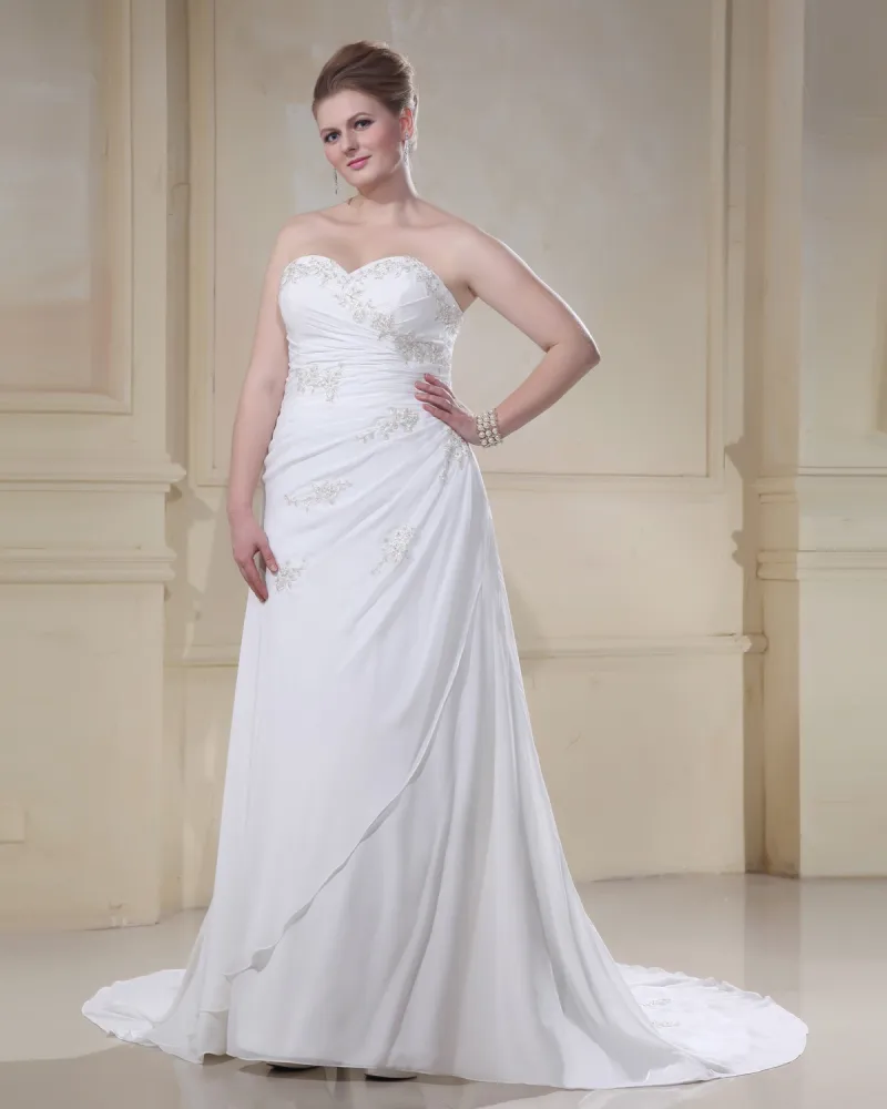 Stilig Kjaereste Beading Broderi Domstol Tog Store Størrelser A Linje Brudekjoler Bryllupskjoler