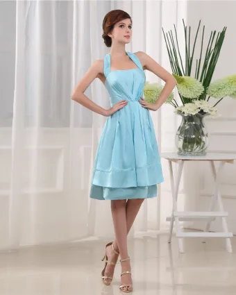Halter Sleeveless Zipper Pleated Knee Length Charmeuse Woman Bridesmaid Dress