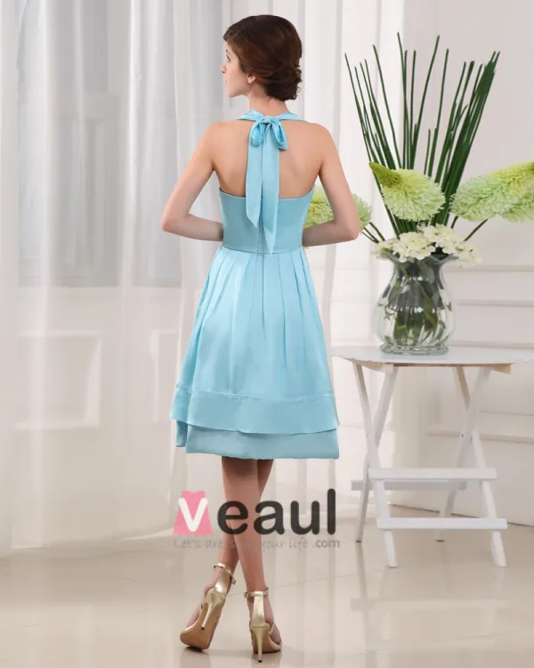 Licou Sans Manches Plissee Longueur Genou Charmeuse Femme Robe De Demoiselle Zipper
