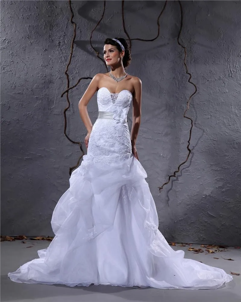 Elegant Sateng Garnet Blomst Beaded Kjaereste Gulv Lengde Havfrue Brudekjoler Bryllupskjoler