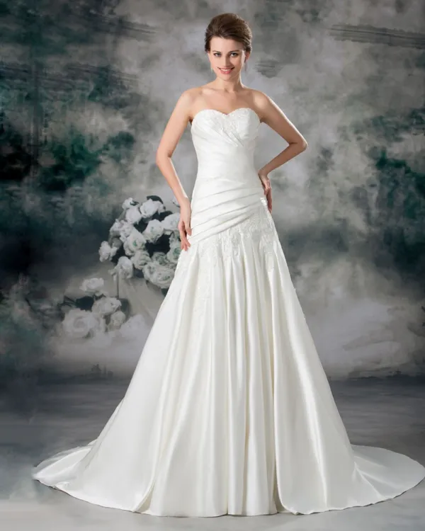 Satin Applique Ruffle Court Train Sweetheart Ball Gown Women A Line Wedding Dress