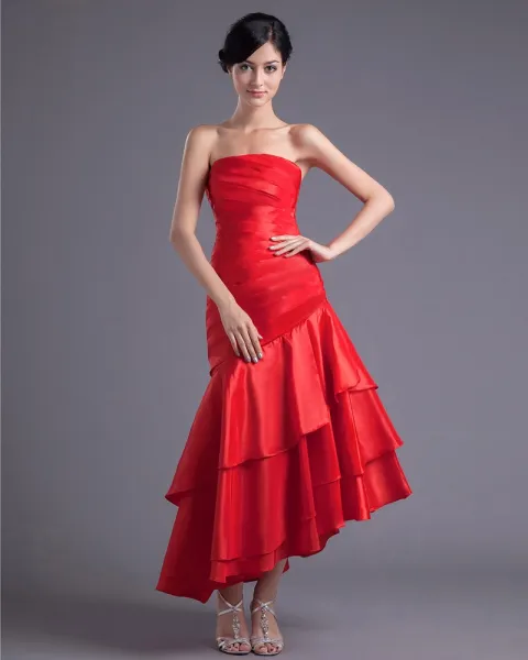Fashion Charmeuse Pleated Strapless Asymmetrical Tea Length Bridesmaid Dress