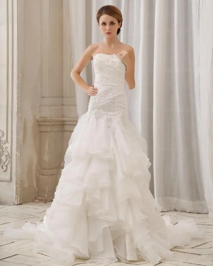 Stilig Slank Broderi Krusning Gulv Lengde Stroppelos Organza Flekken Havfrue Brudekjoler Bryllupskjoler