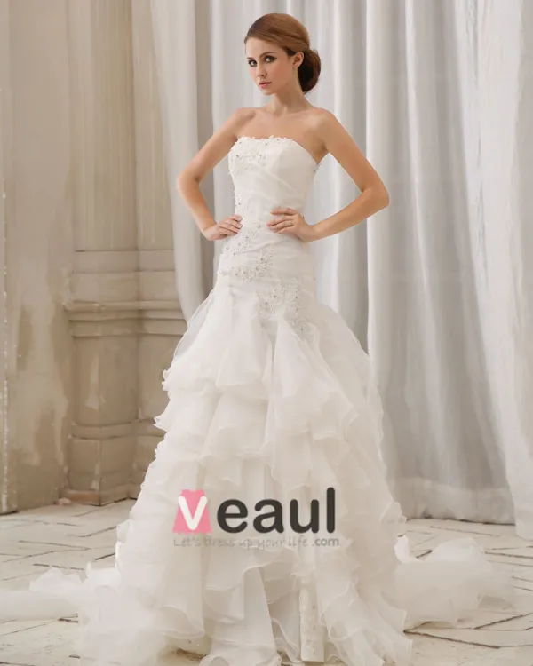 Stilvolle Dünne Stickerei Ruffle Bodenlangen Organza Trägerlosen Fleck Mermaid Brautkleid