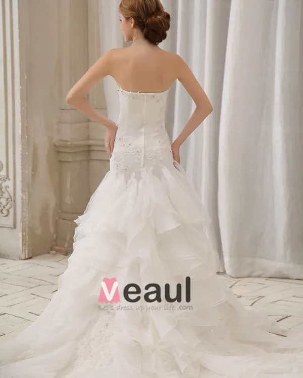 Stilvolle Dünne Stickerei Ruffle Bodenlangen Organza Trägerlosen Fleck Mermaid Brautkleid