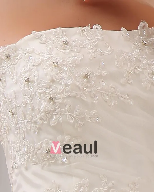 Stilvolle Dünne Stickerei Ruffle Bodenlangen Organza Trägerlosen Fleck Mermaid Brautkleid