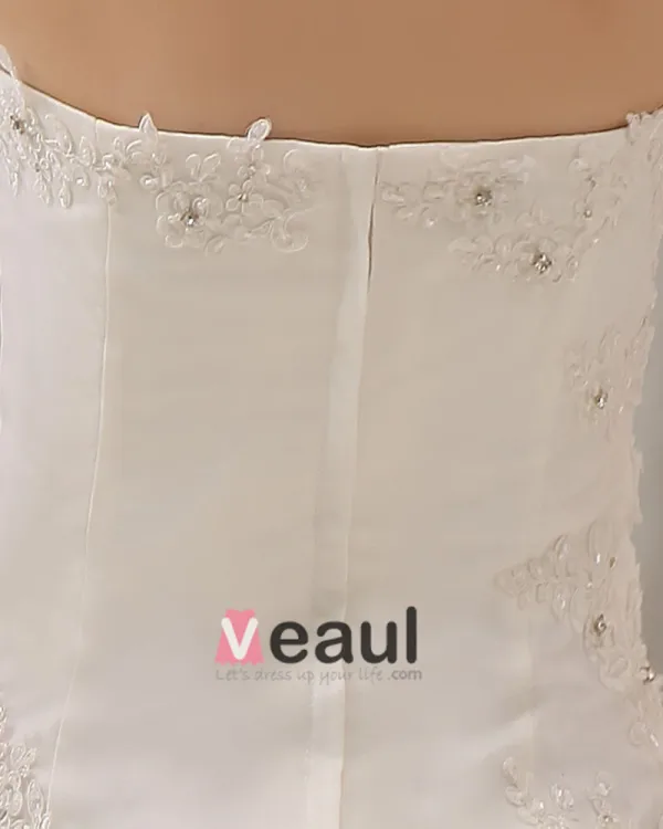 Stilvolle Dünne Stickerei Ruffle Bodenlangen Organza Trägerlosen Fleck Mermaid Brautkleid