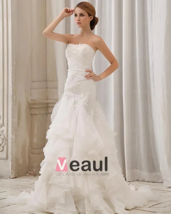 Stilvolle Dünne Stickerei Ruffle Bodenlangen Organza Trägerlosen Fleck Mermaid Brautkleid