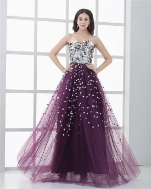 A Linje Tyll Sequin Beading Krusning Kjaereste Gulv Lengde Ballkjoler
