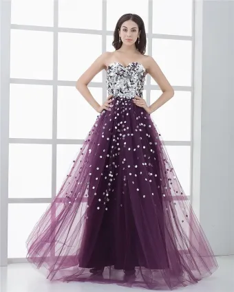 A Line Tulle Sequin Beading Ruffle Sweetheart Floor Length Prom Dress