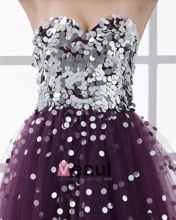 A-linje Tyll Sequin Beading Krusning Kjaereste Gulv Lengde Ballkjoler