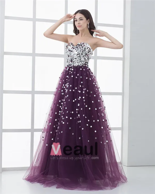 A-linje Tyll Sequin Beading Krusning Kjaereste Gulv Lengde Ballkjoler