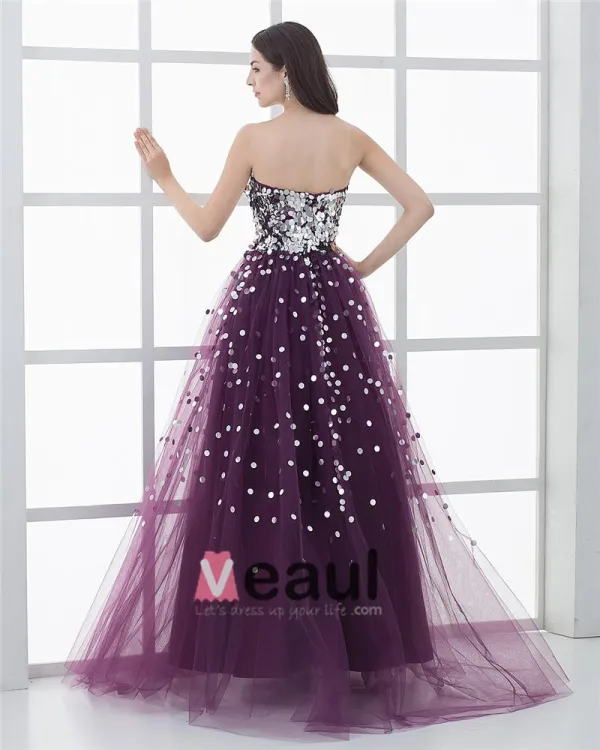 A-linje Tyll Sequin Beading Krusning Kjaereste Gulv Lengde Ballkjoler