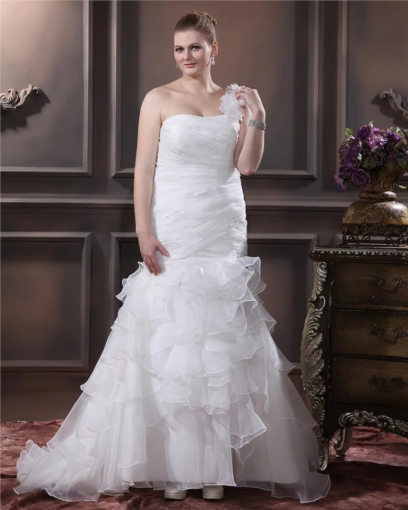 Organza En Skulder Beading Skjede Feie Pluss Storrelsen Bryllup Kjoler