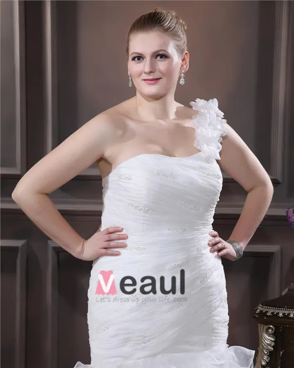 Organza Een Schouder Kralen Schede Sweep Grote Maten Bruidsjurken Trouwjurken