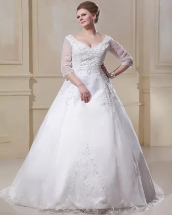 Organza Applique V Neck Chapel Plus Size Bridal Gown Wedding Dresses
