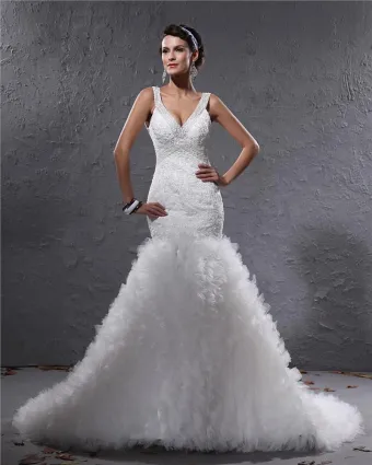 Elegant Yarn Charmeuse Applique Beaded V Neck Floor Length Mermaid Wedding Dress