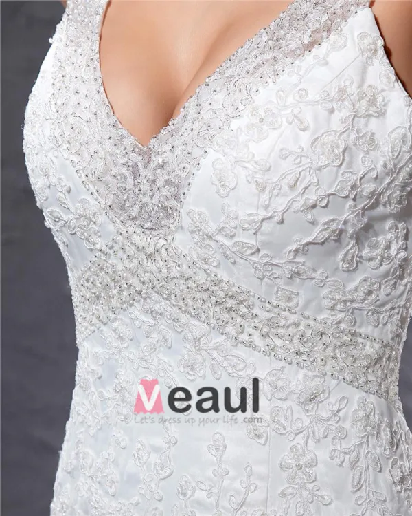 Elegant Yarn Charmeuse Applique Beaded V Neck Floor Length Mermaid Wedding Dress