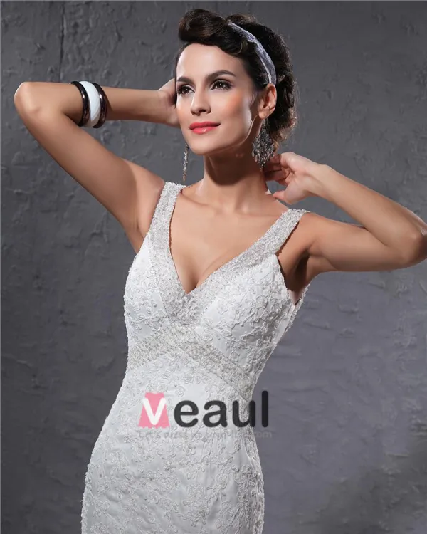 Elegant Yarn Charmeuse Applique Beaded V Neck Floor Length Mermaid Wedding Dress