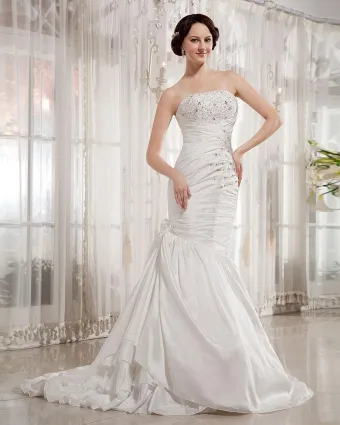 Ruffles Taffeta Beading Applikere Stroppelos Kapell Tog Havfrue Brudekjoler Bryllupskjoler