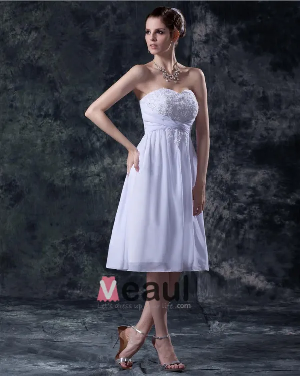 Embroidery Strapless Knee Length Wedding Dress