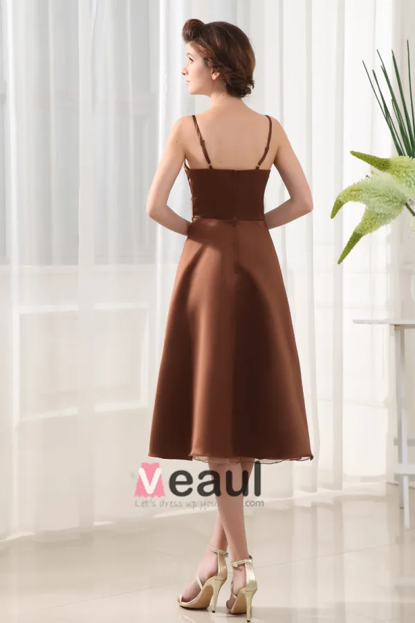 Decollete Bretelles Sans Manches Longueur Genou Satin Plisse Perles Fleur Robe De Demoiselle D'honneur A-ligne