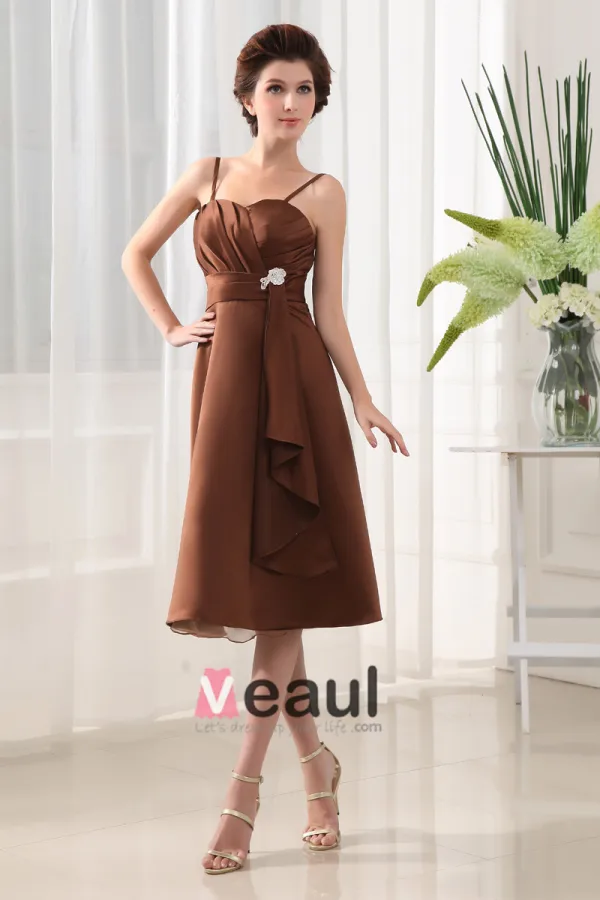 Decollete Bretelles Sans Manches Longueur Genou Satin Plisse Perles Fleur Robe De Demoiselle D'honneur A-ligne