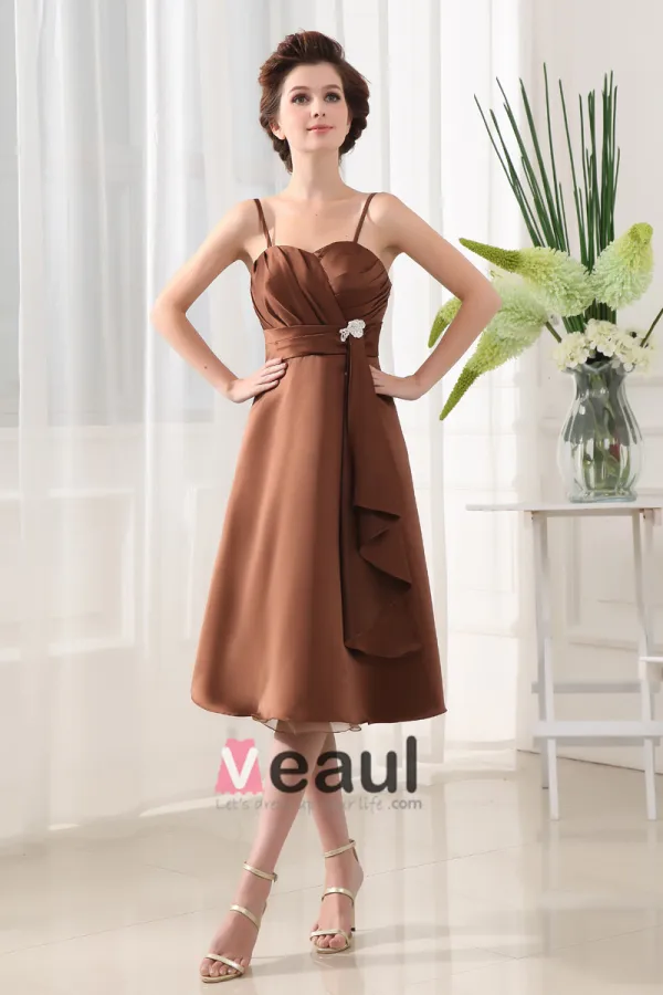 Decollete Bretelles Sans Manches Longueur Genou Satin Plisse Perles Fleur Robe De Demoiselle D'honneur A-ligne