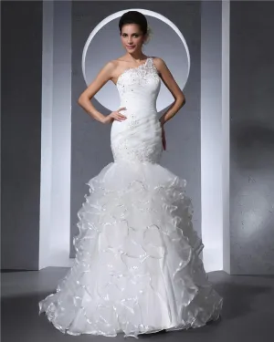 Une Epaule Longueur De Plancher Plisse Perles De Ruches D Organza Robe De Mariée Sirène